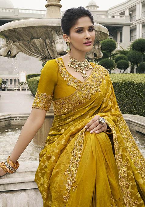 Mustard Zari Woven Viscose Tissue Saree Set