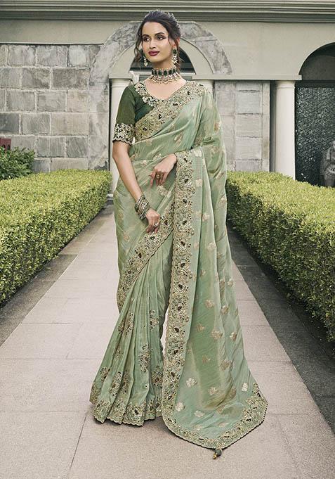 Green Zari Woven Viscose Tissue Saree Set