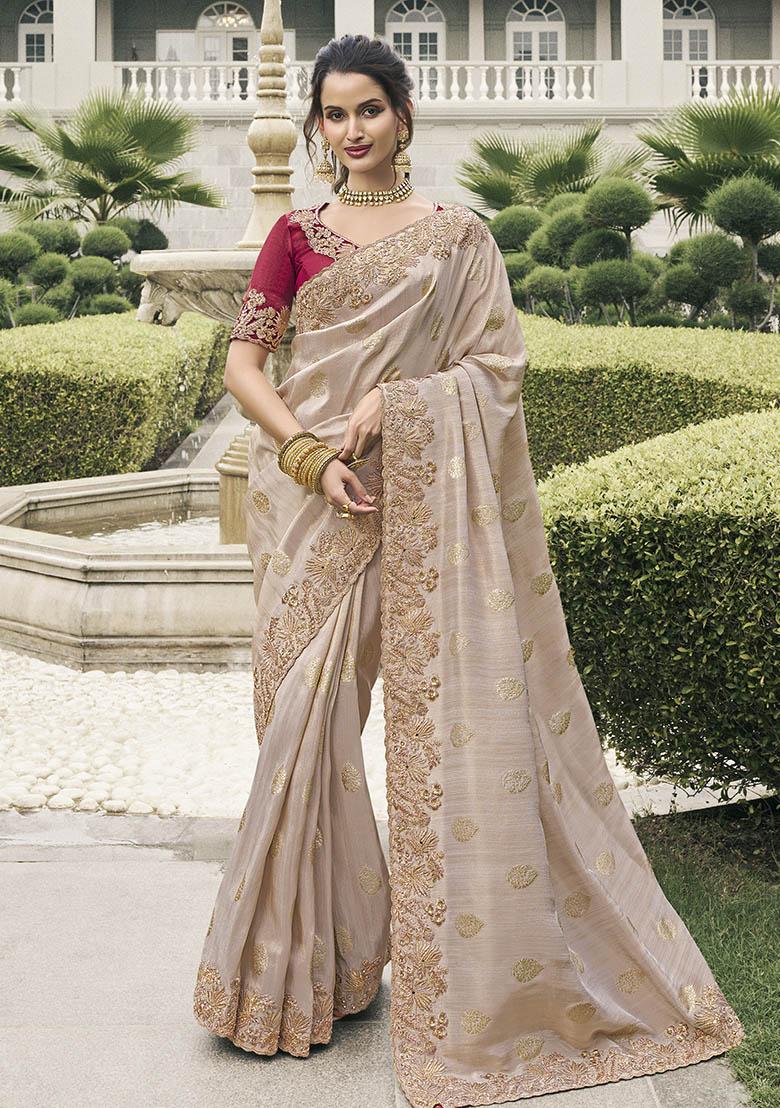 Chiku Brown Zari Woven Viscose Tissue Saree Set