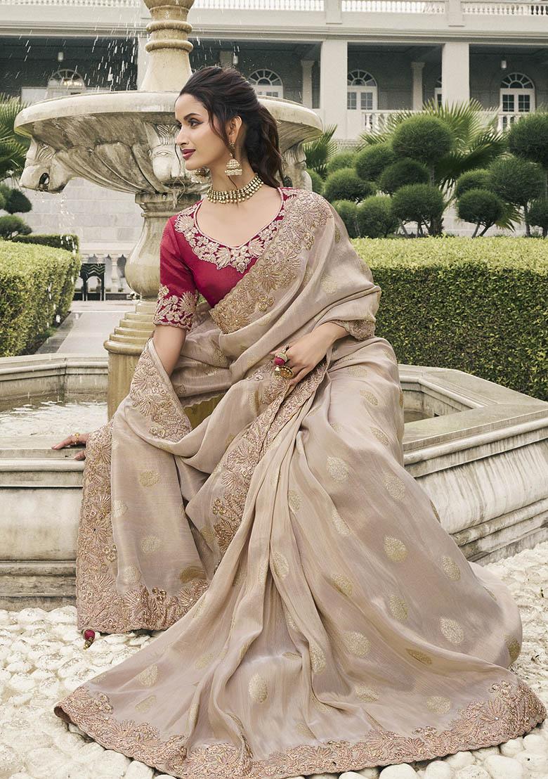 Chiku Brown Zari Woven Viscose Tissue Saree Set