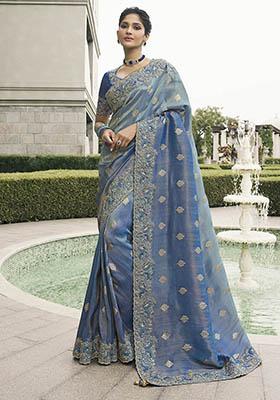 Navy Blue Zari Woven Viscose Tissue Saree Set