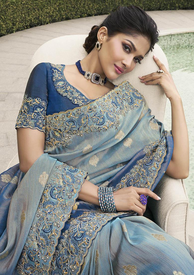 Navy Blue Zari Woven Viscose Tissue Saree Set