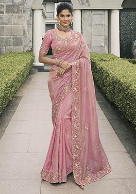 Baby Pink Zari Woven Viscose Tissue Saree Set