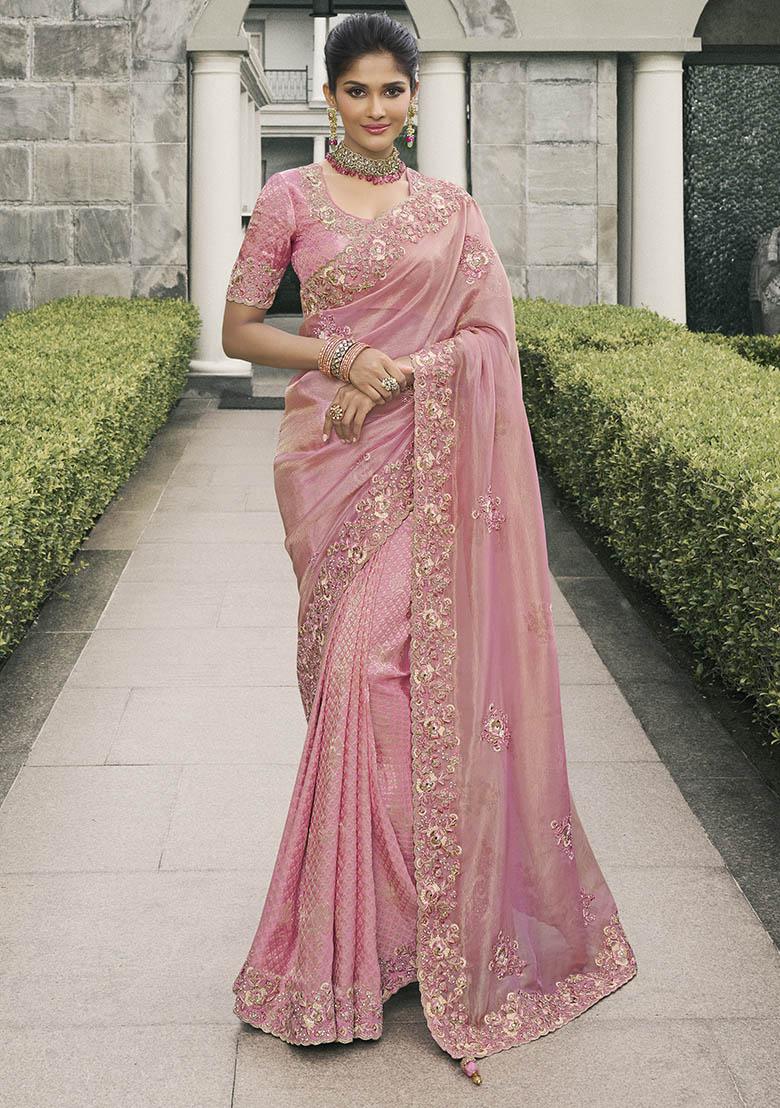Baby Pink Zari Woven Viscose Tissue Saree Set