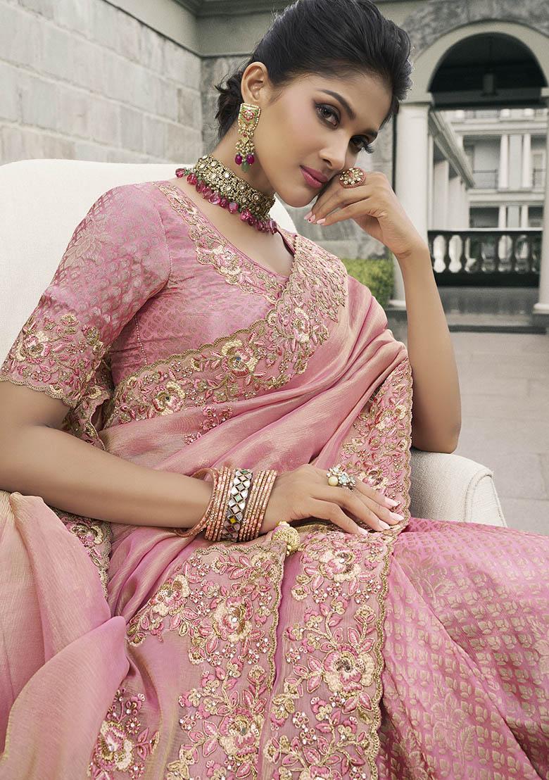 Baby Pink Zari Woven Viscose Tissue Saree Set
