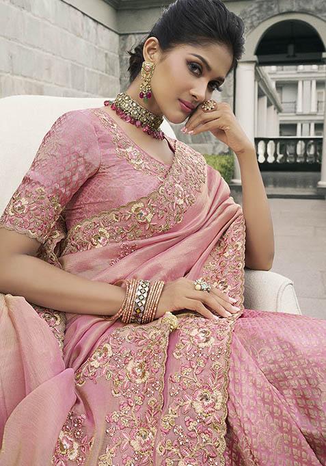Baby Pink Zari Woven Viscose Tissue Saree Set