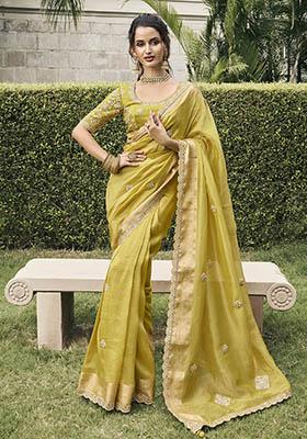 Lemon Yellow Zari Woven Viscose Tissue Saree Set
