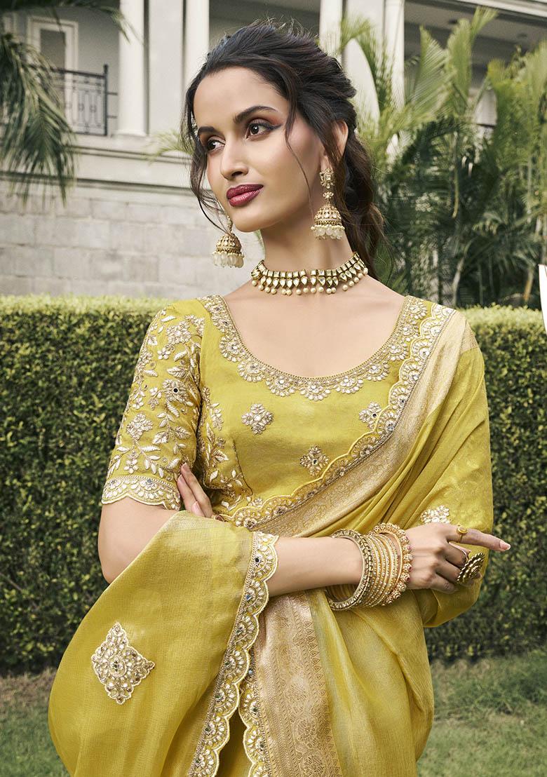 Lemon Yellow Zari Woven Viscose Tissue Saree Set