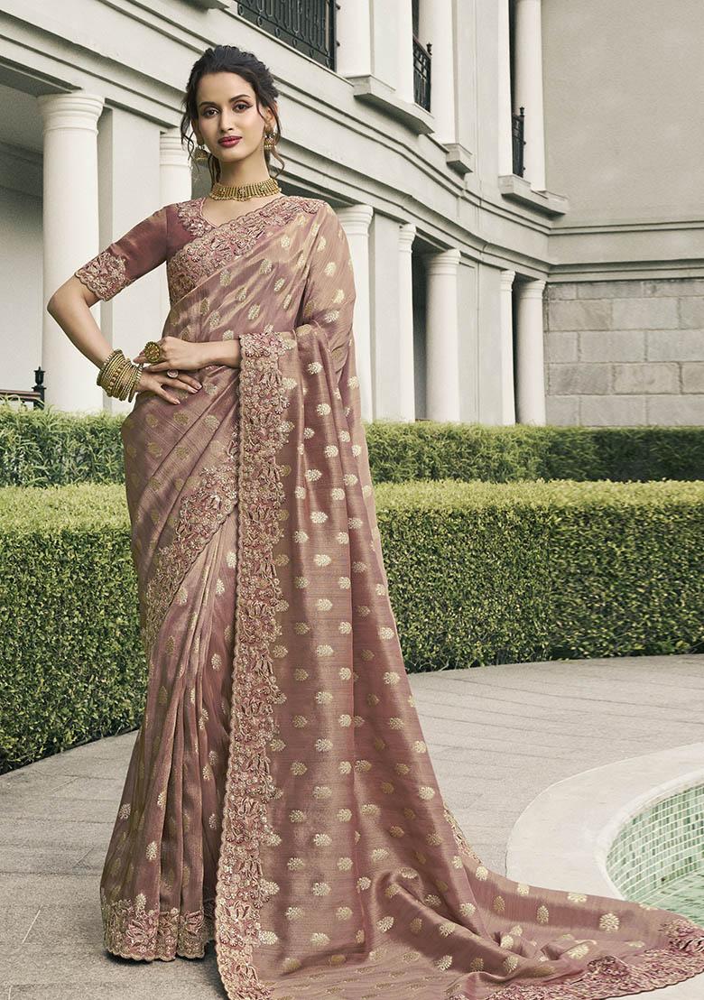Brown Zari Woven Viscose Tissue Saree Set
