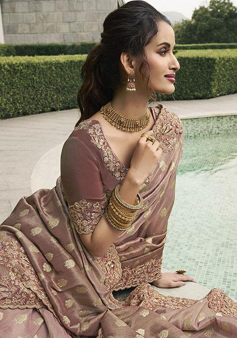 Brown Zari Woven Viscose Tissue Saree Set