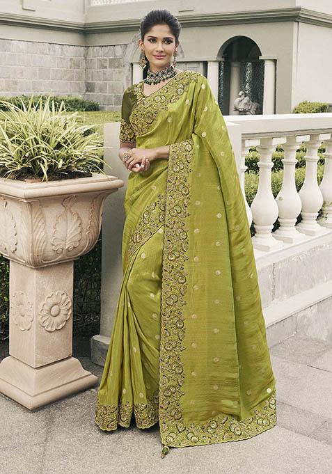 Parrot Green Zari Woven Viscose Tissue Saree Set