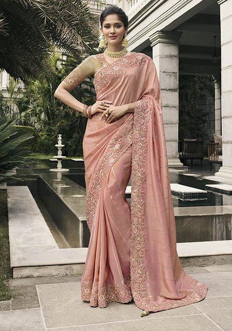 Pink Zari Woven Viscose Tissue Saree Set