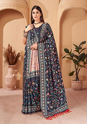 Blue Digital Print Pashmina Silk Saree Set