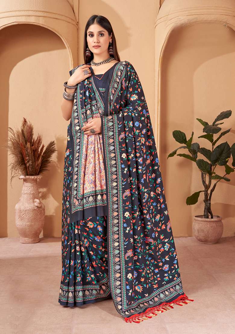 Blue Digital Print Pashmina Silk Saree Set - Indya