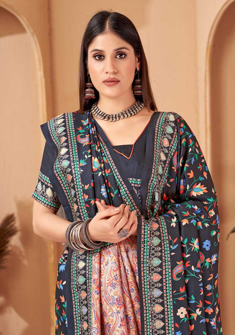 Blue Digital Print Pashmina Silk Saree Set