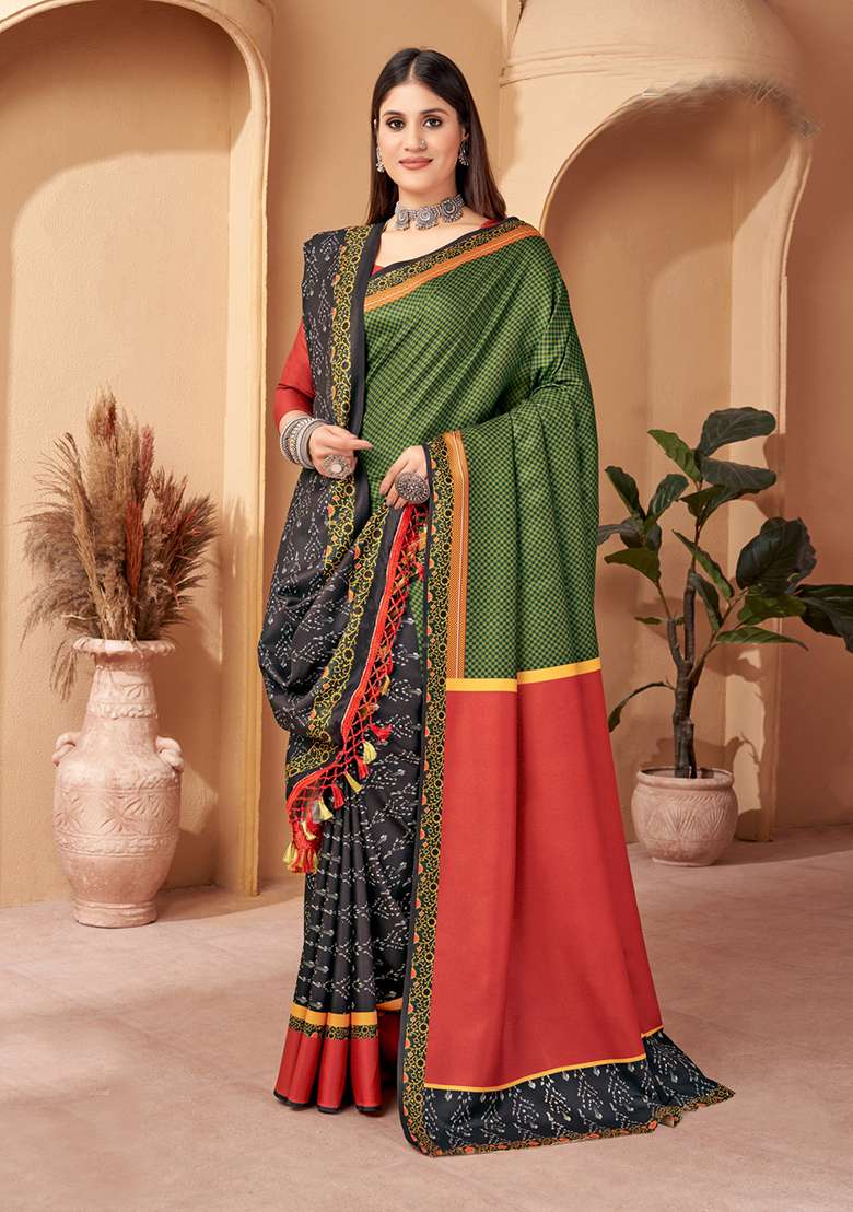 Green Digital Print Pashmina Silk Saree Set - Indya