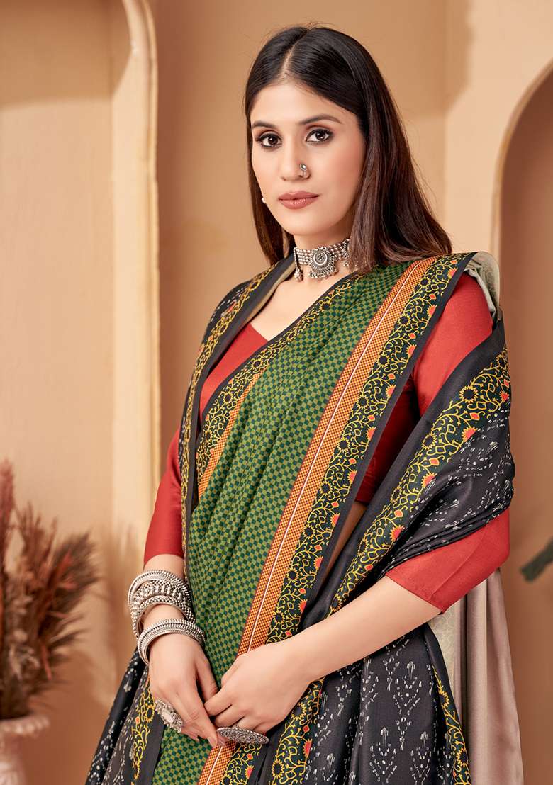 Green Digital Print Pashmina Silk Saree Set - Indya