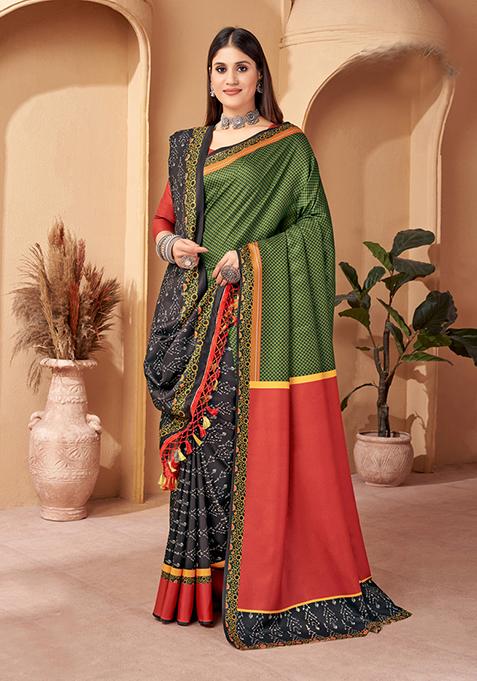 Green Digital Print Pashmina Silk Saree Set