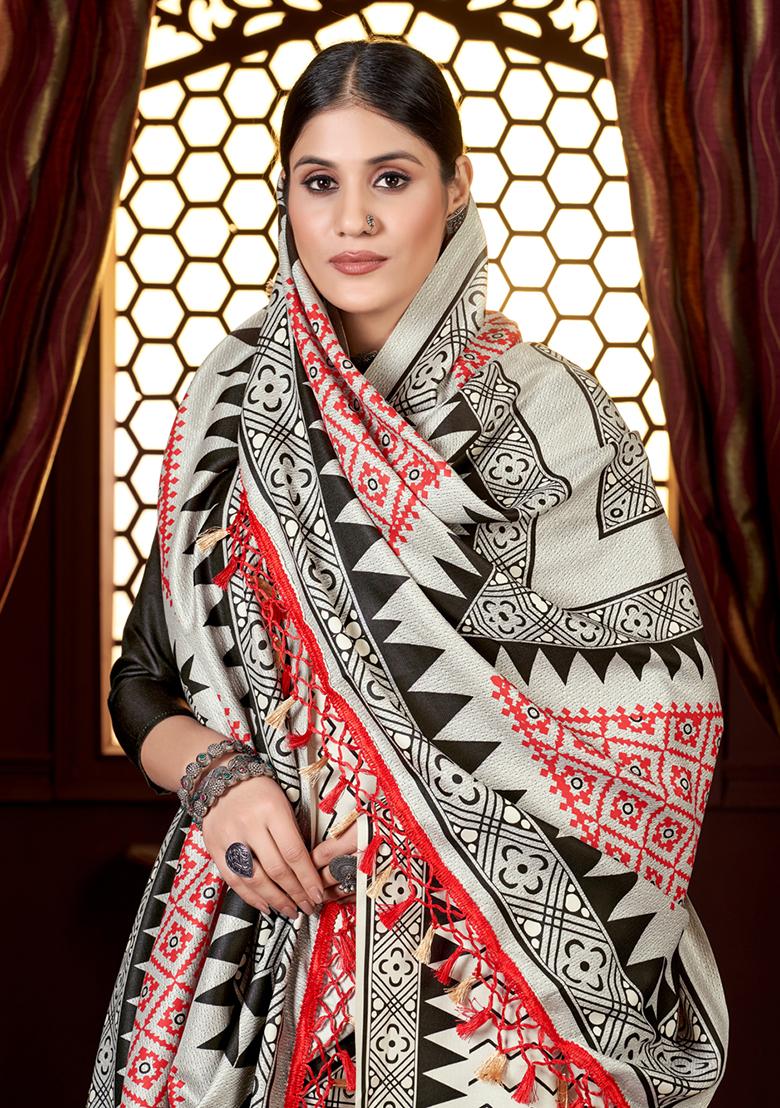 Off White Digital Print Pashmina Silk Saree Set