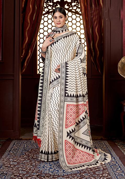 Off White Digital Print Pashmina Silk Saree Set