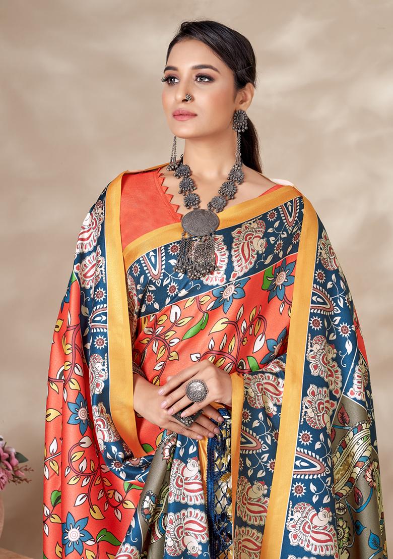 Orange Digital Print Pashmina Silk Saree Set