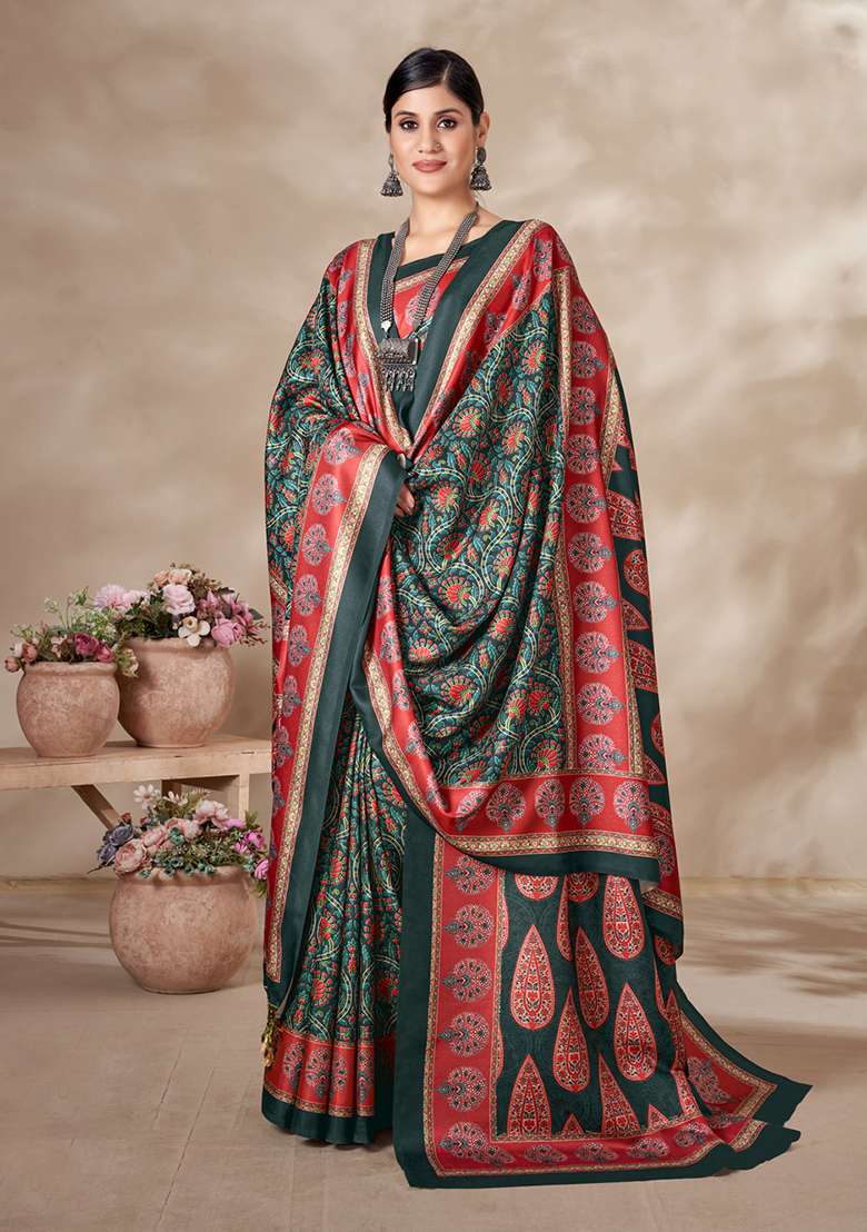 Green Digital Print Pashmina Silk Saree Set - Indya