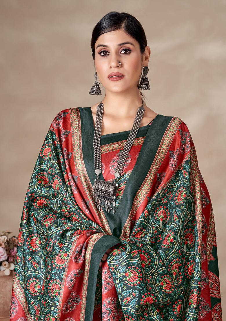 Green Digital Print Pashmina Silk Saree Set