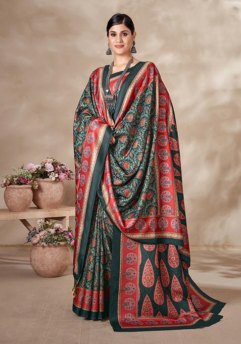 Green Digital Print Pashmina Silk Saree Set