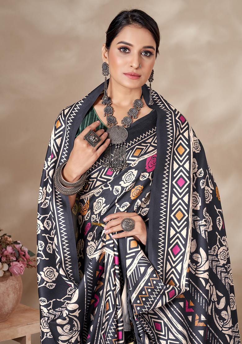 Black Digital Print Pashmina Silk Saree Set