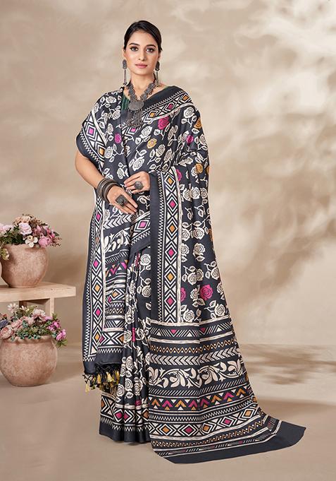 Black Digital Print Pashmina Silk Saree Set