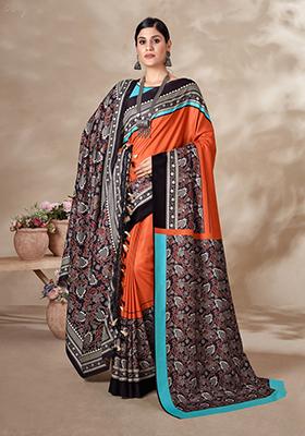 Orange Digital Print Pashmina Silk Saree Set