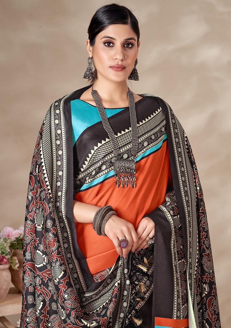 Orange Digital Print Pashmina Silk Saree Set
