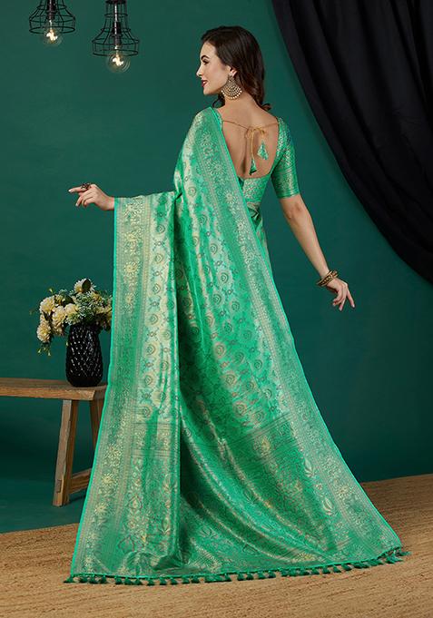 Aqua Blue Zari Woven Kanjivaram Saree Set