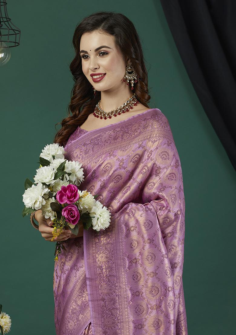 Lavender Zari Woven Kanjivaram Saree Set