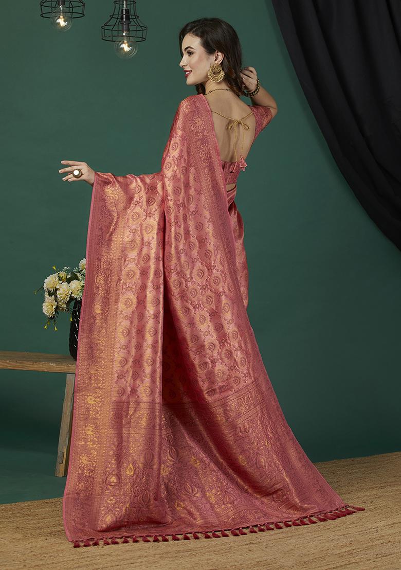 Peach Zari Woven Kanjivaram Saree Set