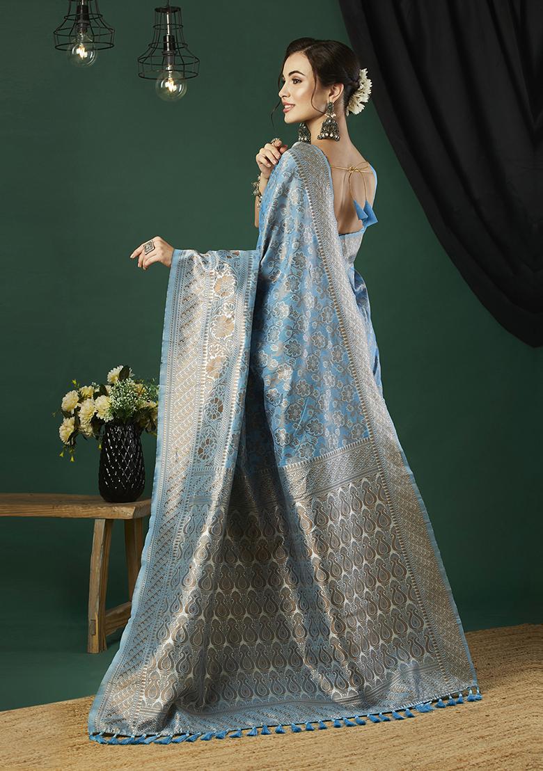 Aqua Blue Zari Woven Linen Saree Set