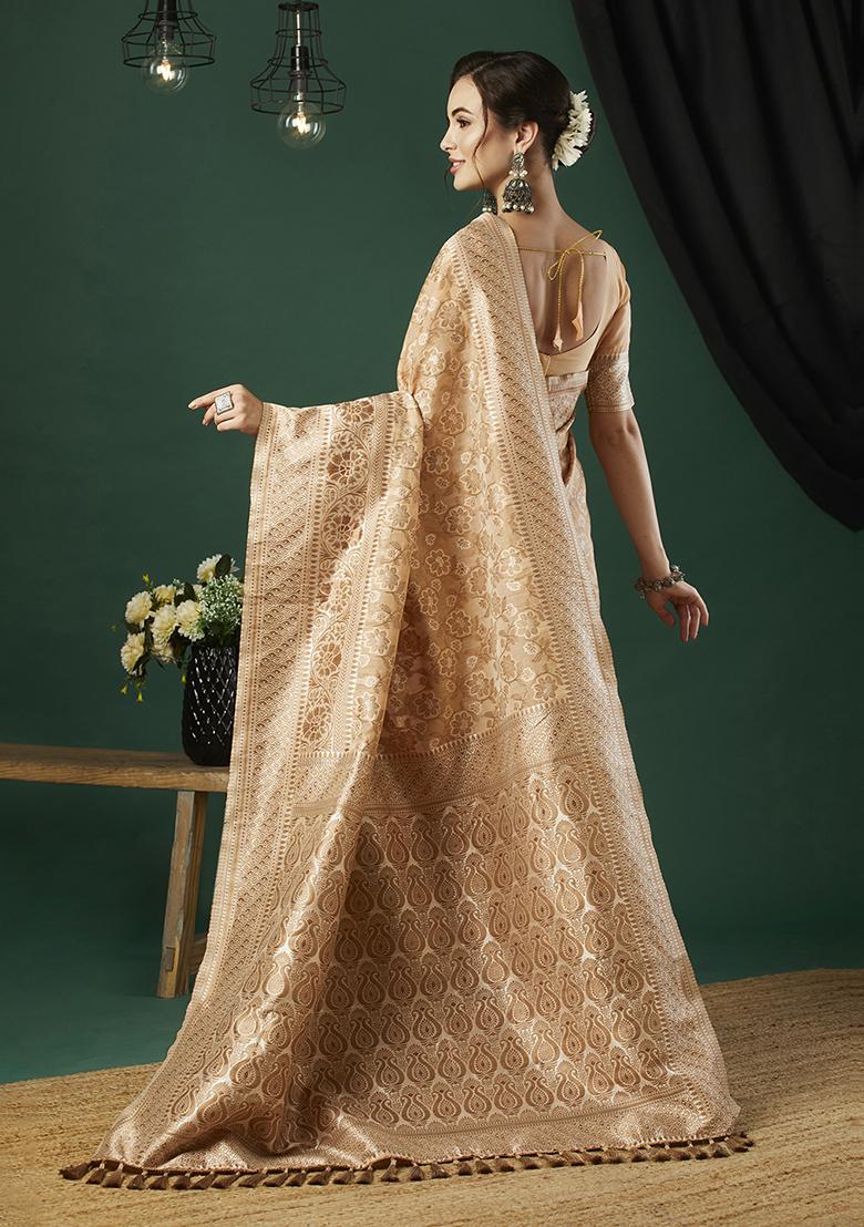 Chiku Brown Zari Woven Linen Saree Set