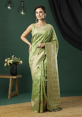 Green Zari Woven Linen Saree Set