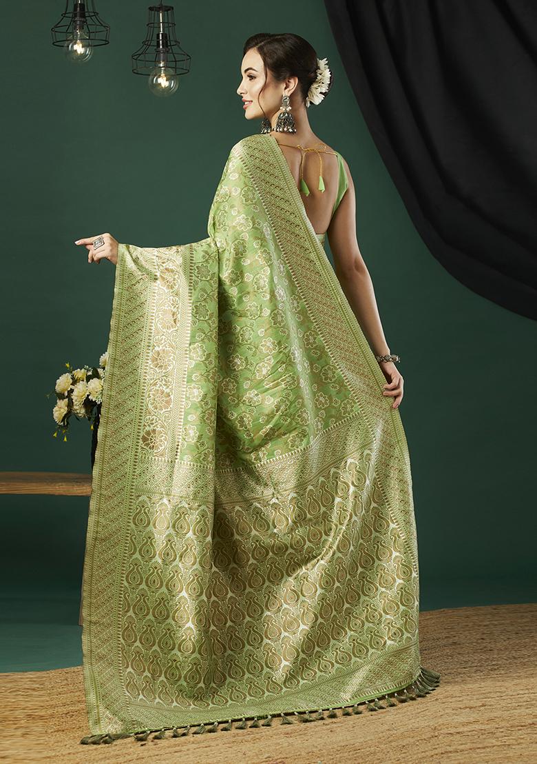 Green Zari Woven Linen Saree Set