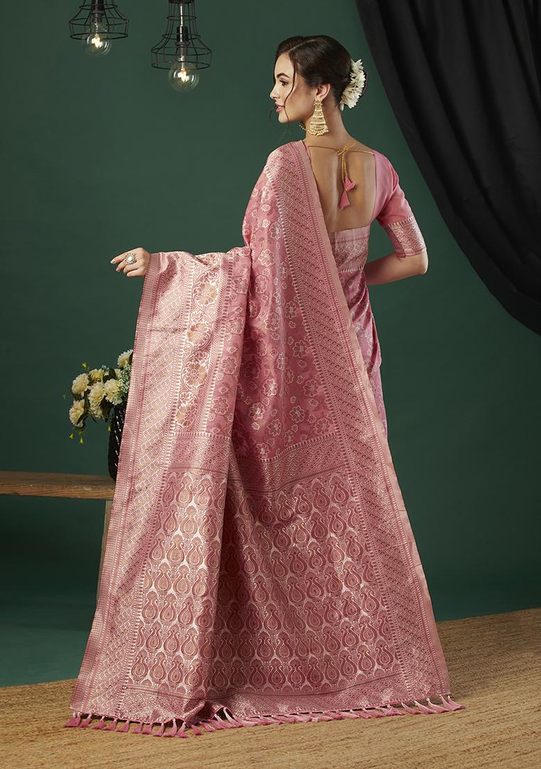 Pink Zari Woven Linen Saree Set