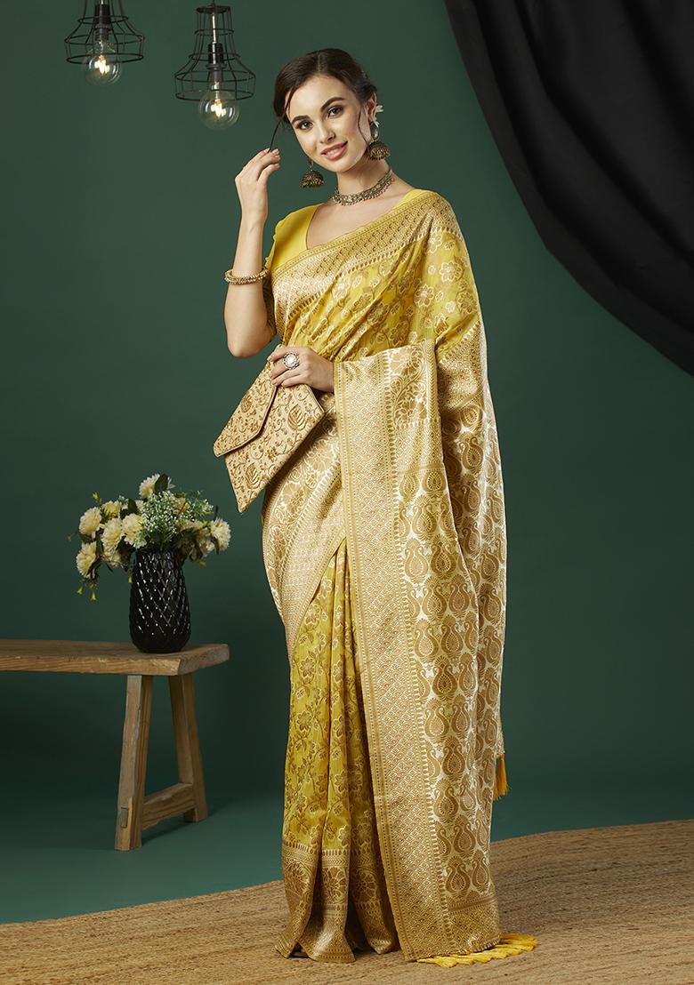 Yellow Zari Woven Linen Saree Set