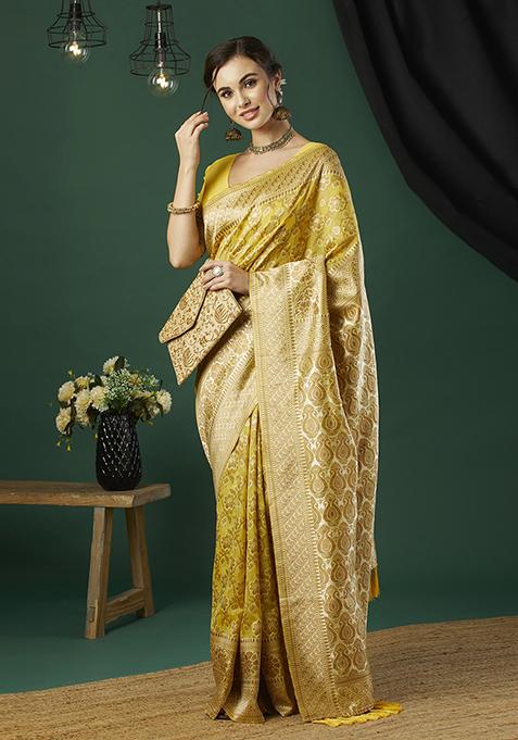 Yellow Zari Woven Linen Saree Set
