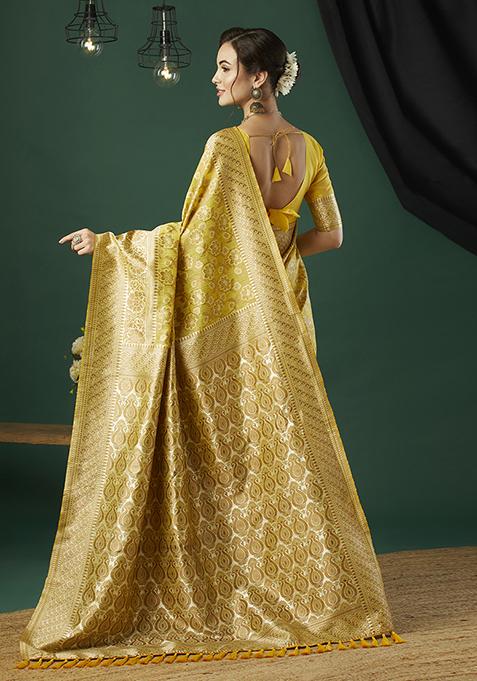 Yellow Zari Woven Linen Saree Set