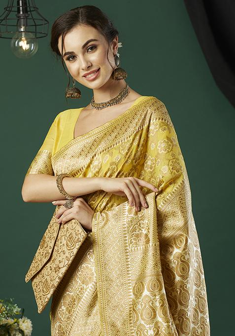 Yellow Zari Woven Linen Saree Set