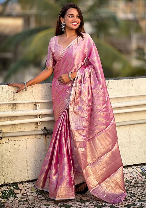 Pink Zari Woven Tissue Silk Saree Set
