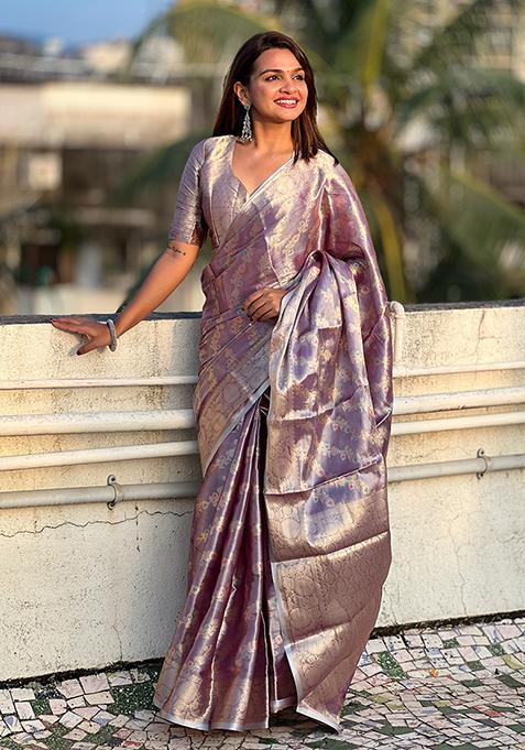 Purple Zari Woven Tissue Silk Saree Set