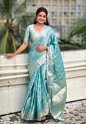 Blue Zari Woven Tissue Silk Saree Set