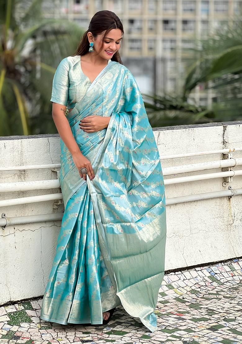 Blue Zari Woven Tissue Silk Saree Set