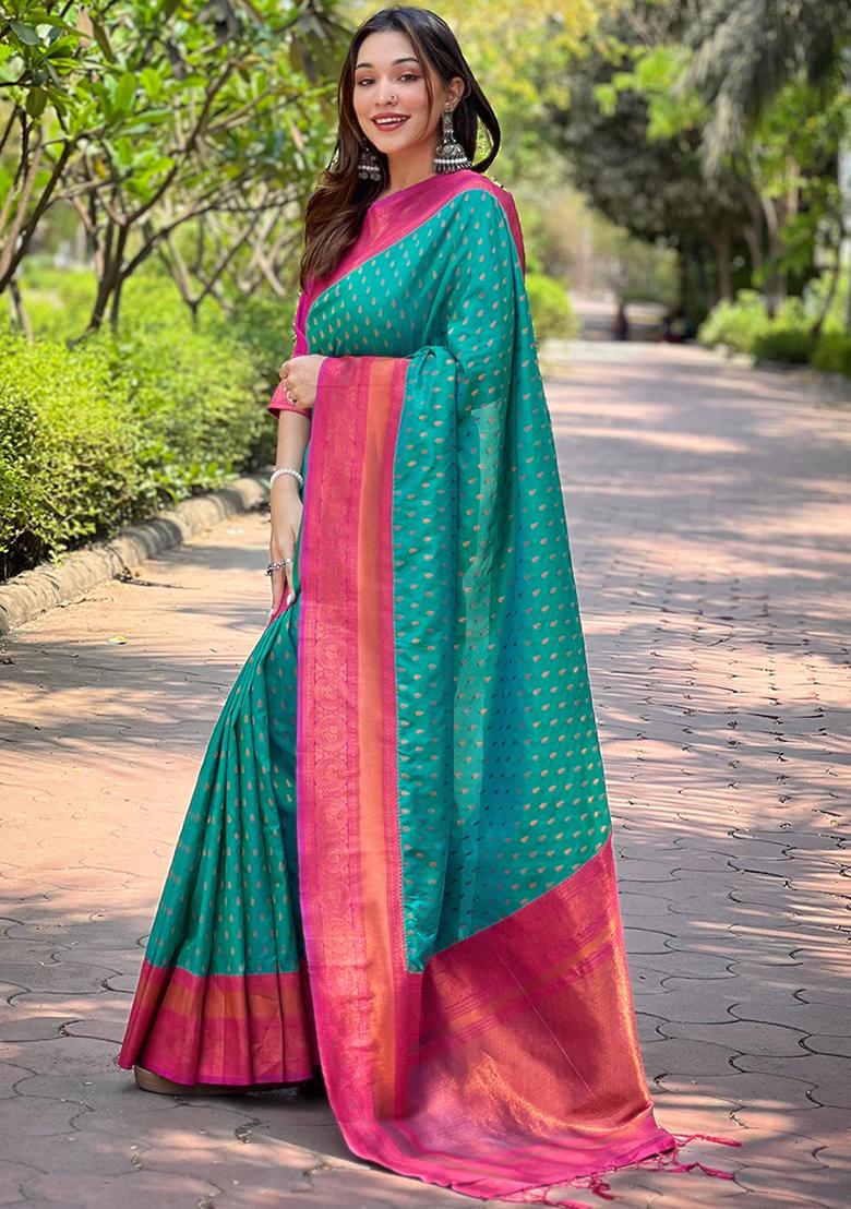 Rama Blue Zari Woven Soft Silk Saree Set