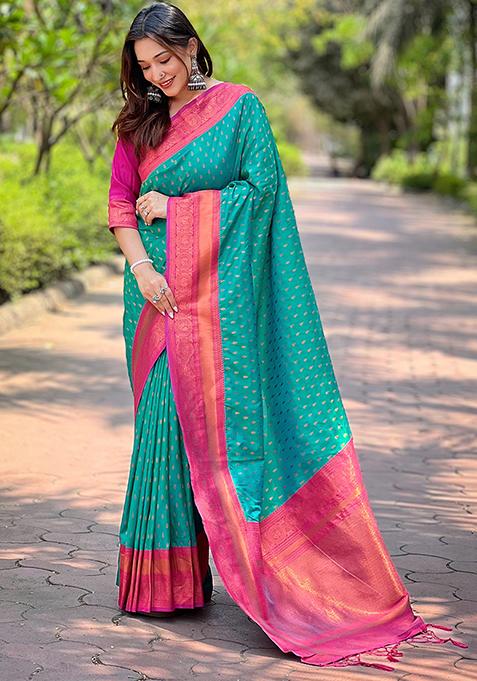 Rama Blue Zari Woven Soft Silk Saree Set